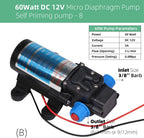 Adjustable Small submersible pump 45/60/80/100 Watt DC 12V Fresh Water Pump Diaphragm Self Priming Sprayer Pump Automatic Switch Connection 4/5/6/8L Per Min(60Watt-DC 12V)