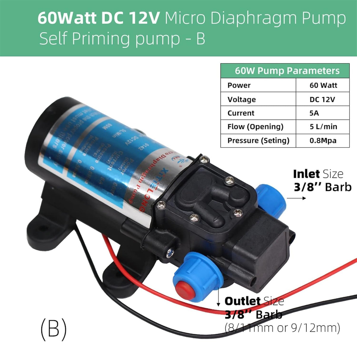 Adjustable Small submersible pump 45/60/80/100 Watt DC 12V Fresh Water Pump Diaphragm Self Priming Sprayer Pump Automatic Switch Connection 4/5/6/8L Per Min(60Watt-DC 12V)