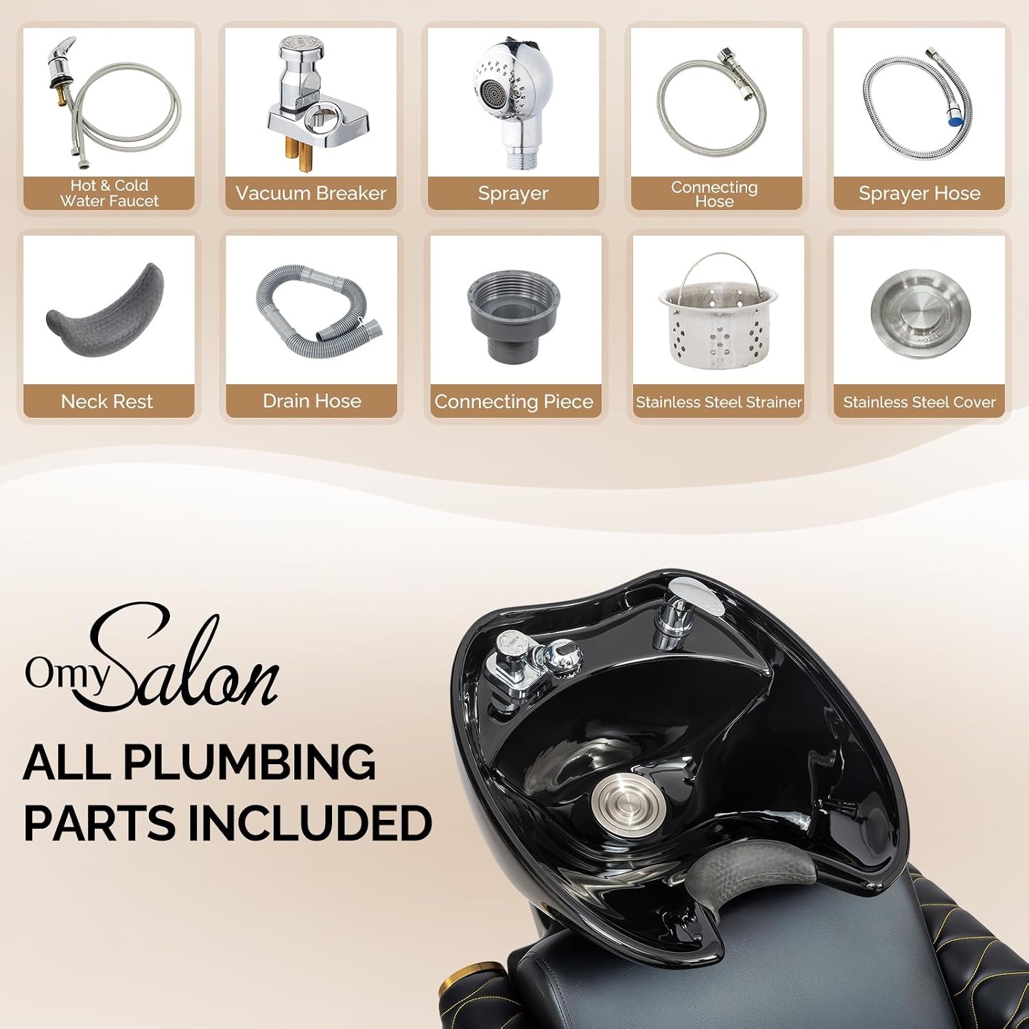 Shampoo Bowl and Chair Set for Salon, Tilting Ceramic Basin, PVC Leather, Gold Legs, Complete Plumbing Kit