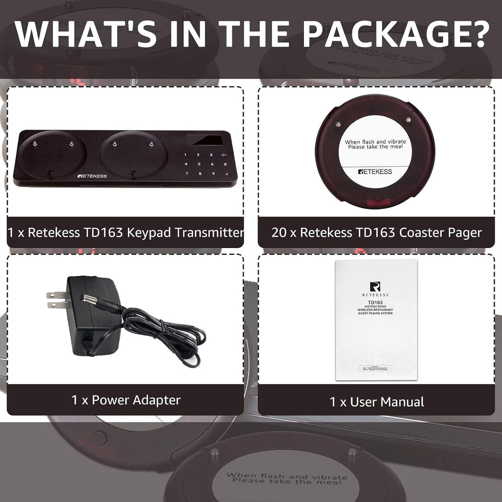 TD163 Coaster Pager System, Pagers for Restaurants, 20 Beepers