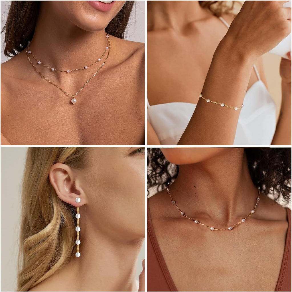 Gold Jewelry Set for Women, Dainty Layered 14K Gold/Silver Pearl Choker Necklaces and Earring Set Pearl Earrings