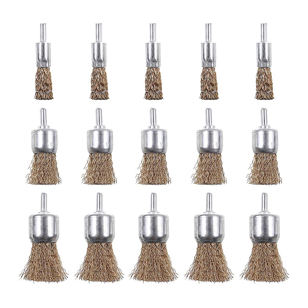 Rocaris 15 Pack 3 Sizes Brass Coated Wire Brush Wheel & Cup Brush Set