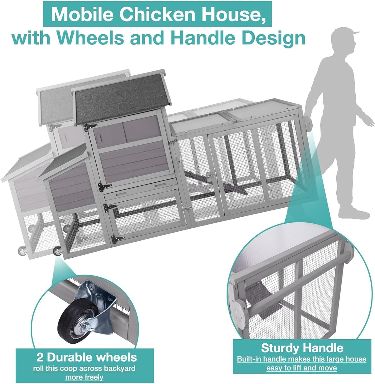 Chicken Coop for 2-4 Chickens,Outdoor Chicken House with Wheels, Nesting Box, Leakproof Pull-on Tray and UV-Resistant