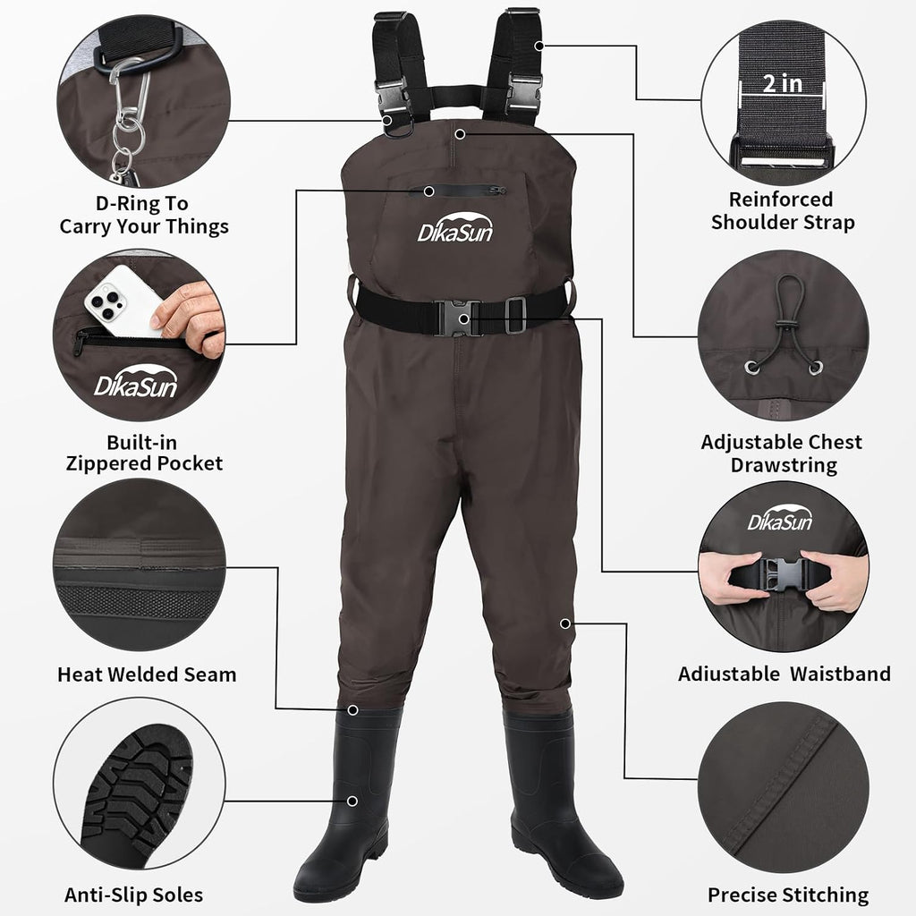 Fishing Waders for Men & Women, Waterproof 2-Ply Nylon/PVC Chest Wader with Boots for Outdoor Sizes 4-13 Bootfoot