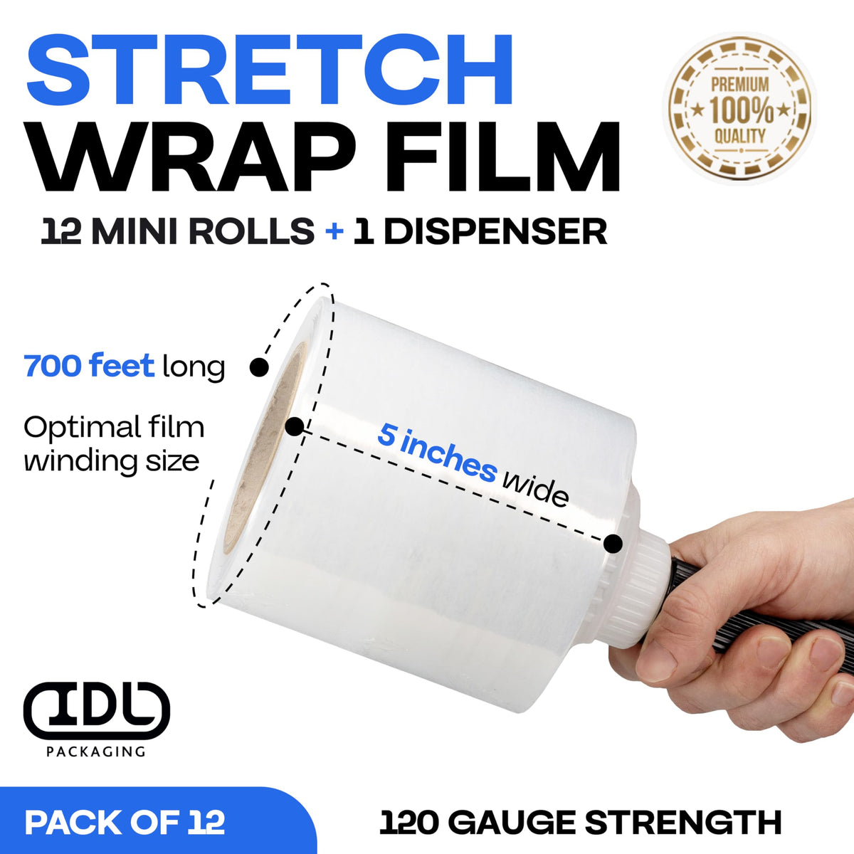 5" x 700' Stretch Wrap Mini Roll, 120 Ga (12-Pack) - USA-Made