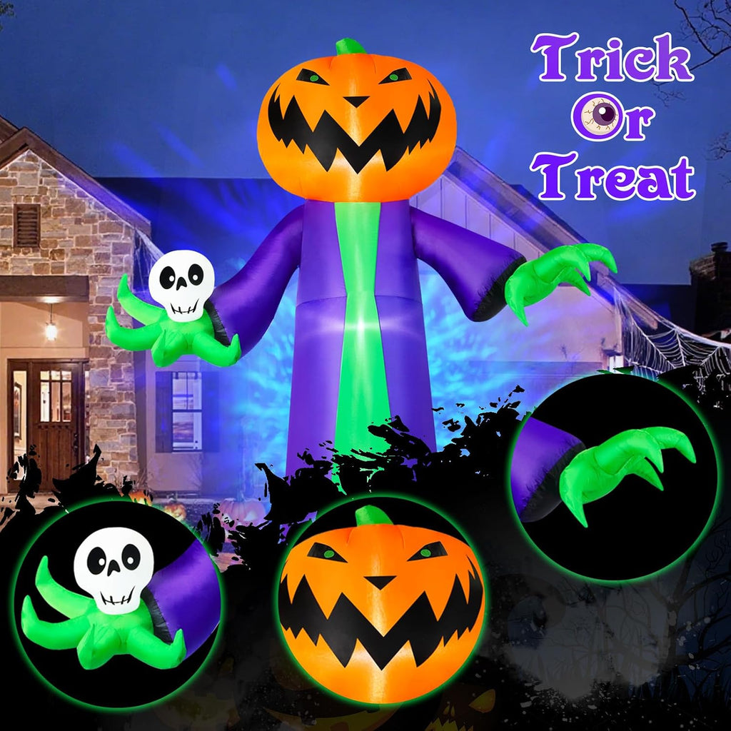 8FT Halloween Inflatables Outdoor Decorations, Inflatable Pumpkin Reaper Halloween Decorations Holds Skull Blow Up