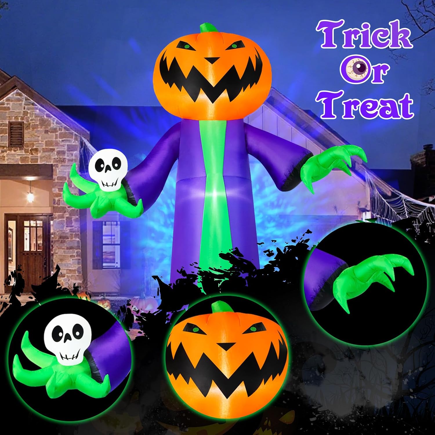 8FT Halloween Inflatables Outdoor Decorations, Inflatable Pumpkin Reaper Halloween Decorations Holds Skull Blow Up