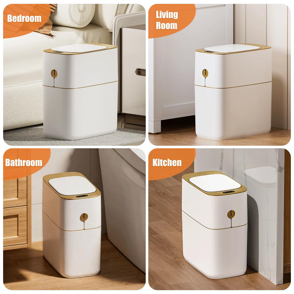 Smart Bathroom Trash Can with Lid, 3.6 Gallon Slim Motion Gold Sensor Garbage Bin with Inner Bucket, Trash Can with