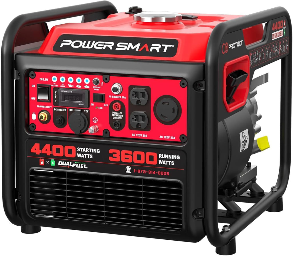 4400-Watt Dual Fuel Portable Inverter Generator, PowerSmart Gas Powered, CO-Sensor, Lightweight & Quiet for Home Use