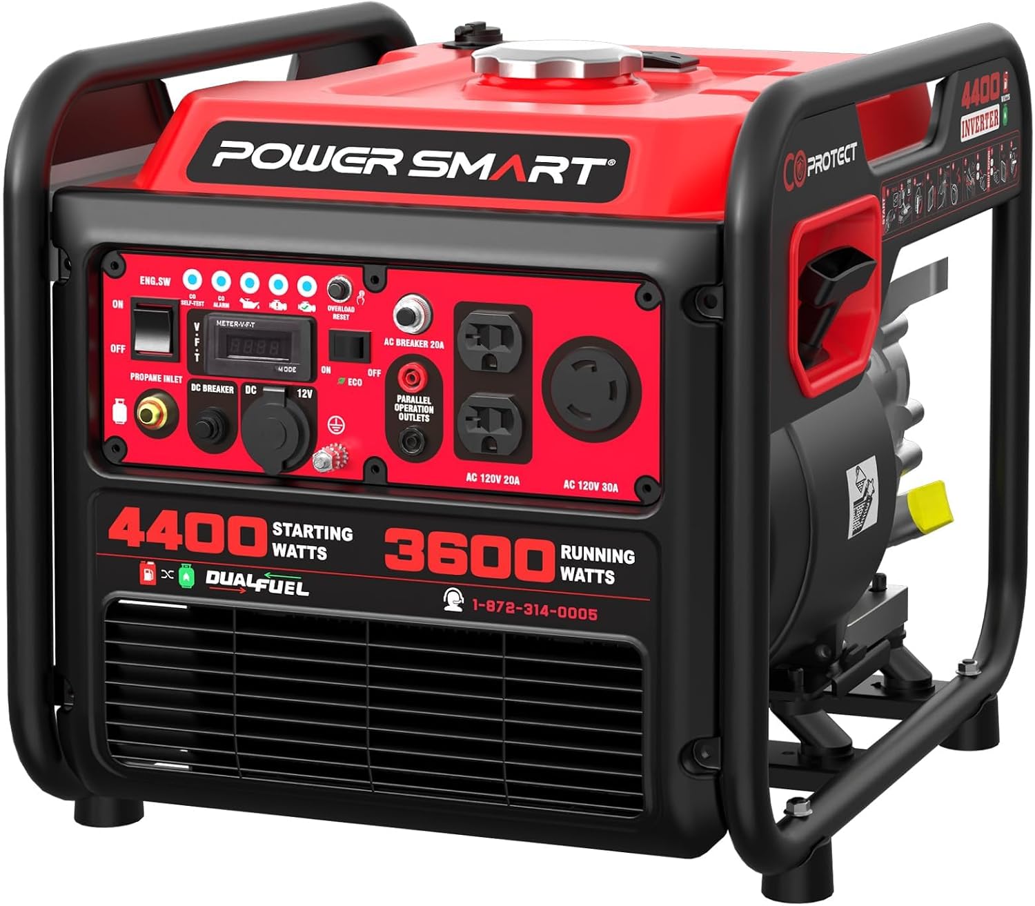 4400-Watt Dual Fuel Portable Inverter Generator, PowerSmart Gas Powered, CO-Sensor, Lightweight & Quiet for Home Use