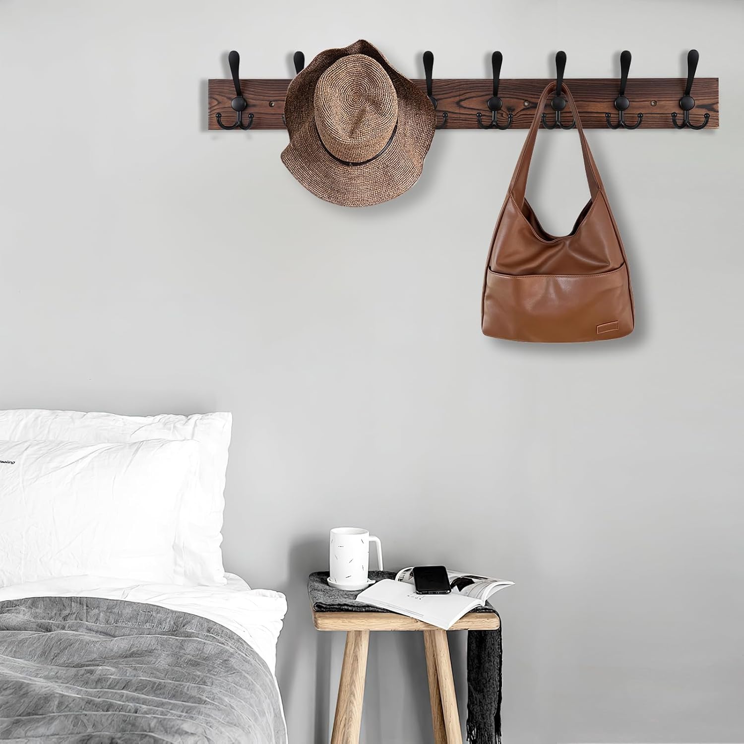 32.2'' Large Coat Rack Wall Mount Coat Hooks Coat Hanger with 8 Metal Black Triple- Hooks Brown Pine Real Wood Plank