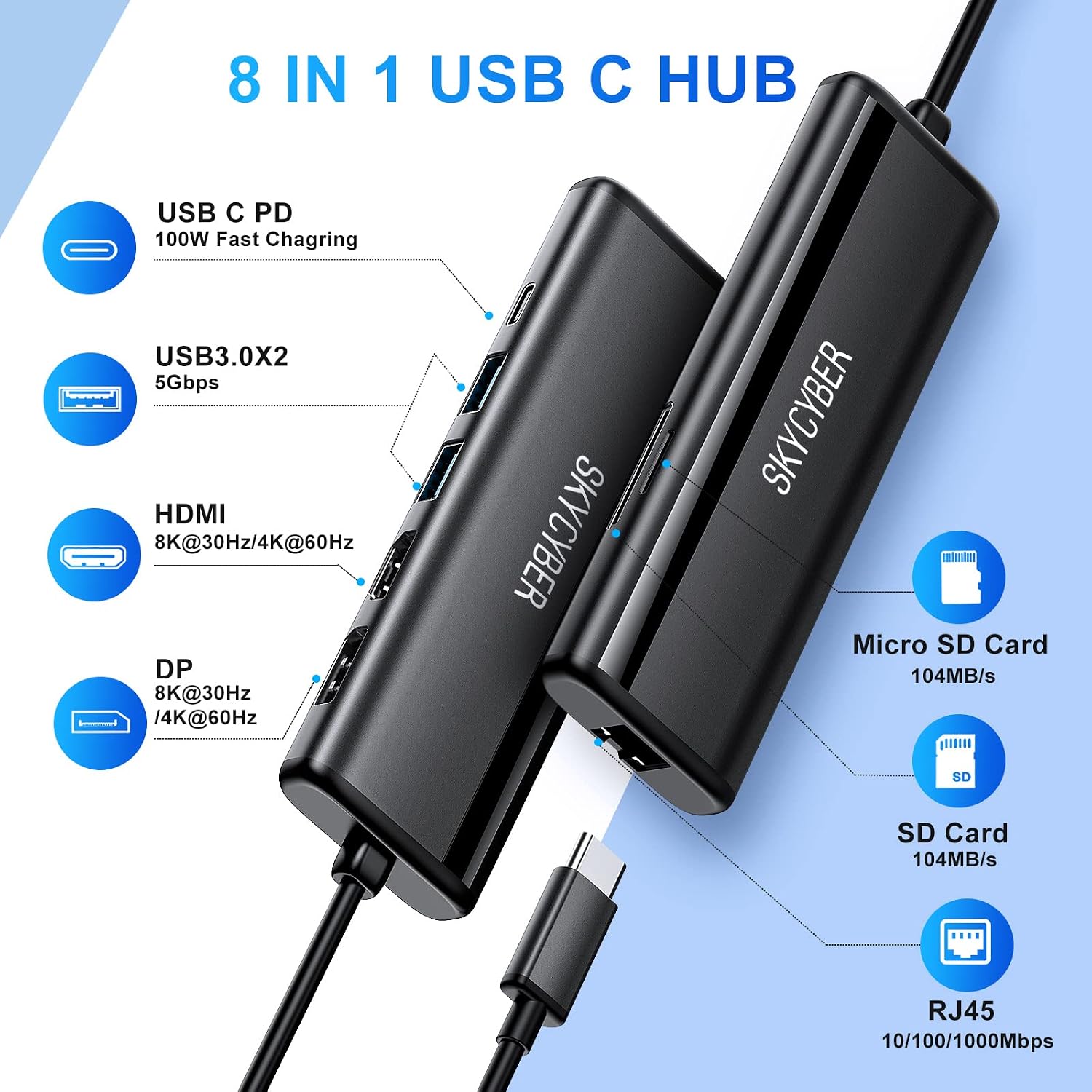 USB C Laptop Docking Station for Dual 4K Monitors or Single 8K Output, 8 in 1 USB C Hub with HDMI PD, Ethernet