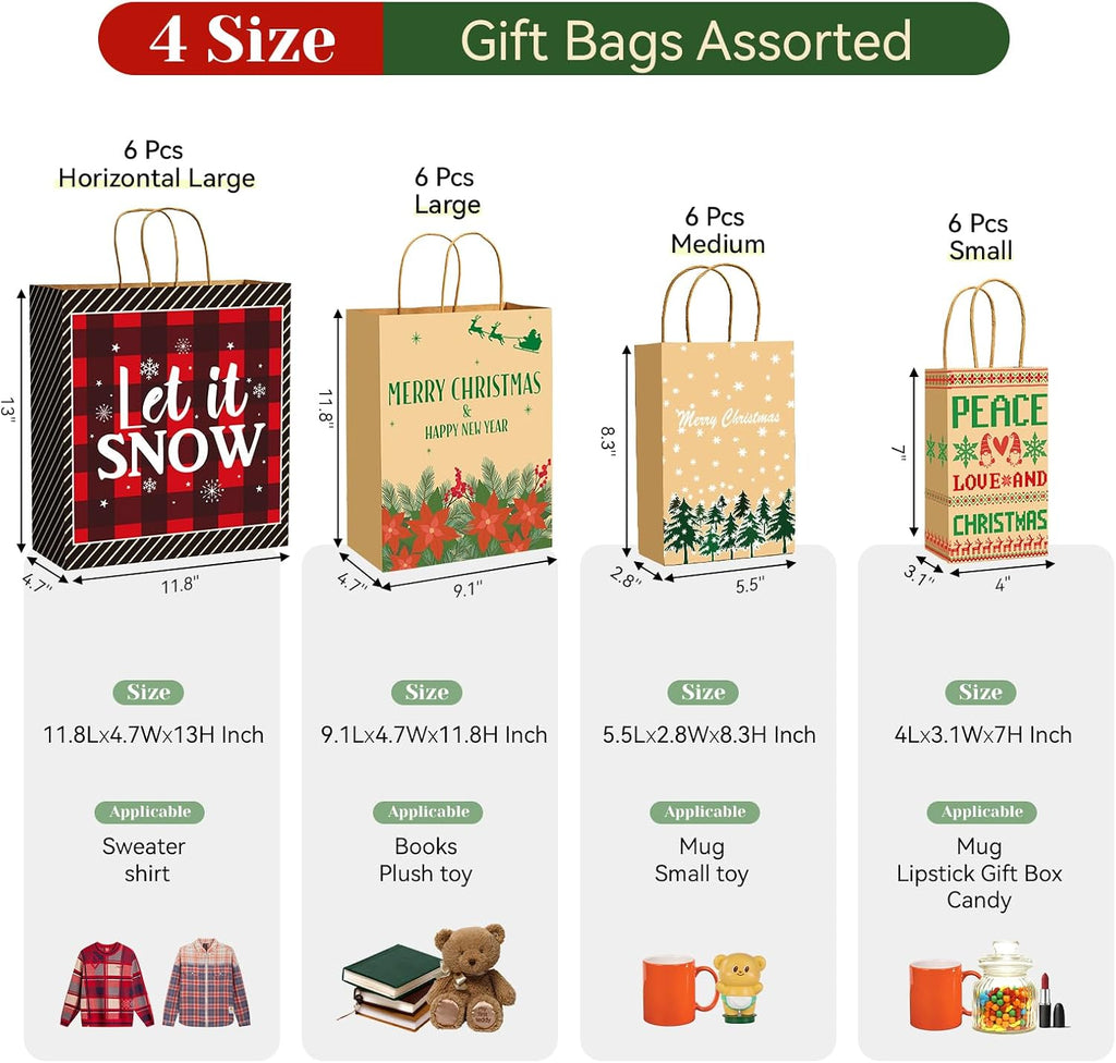 Christmas Gift Paper Bags Assorted Sizes, 24 Pack Holiday Paper Bags with Handles, 12 Assorted Designs in 4 Sizes –