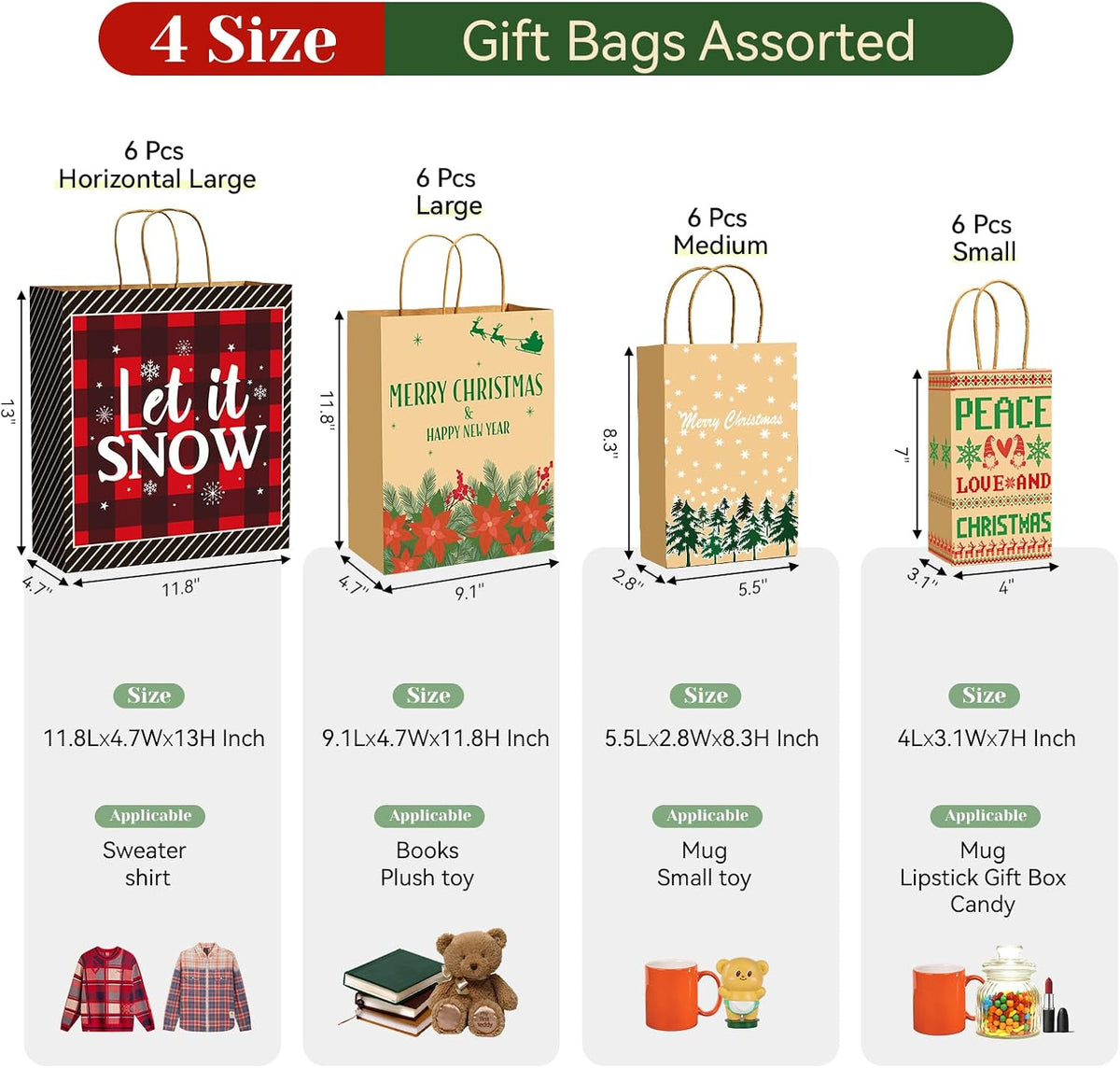 Christmas Gift Paper Bags Assorted Sizes, 24 Pack Holiday Paper Bags with Handles, 12 Assorted Designs in 4 Sizes –