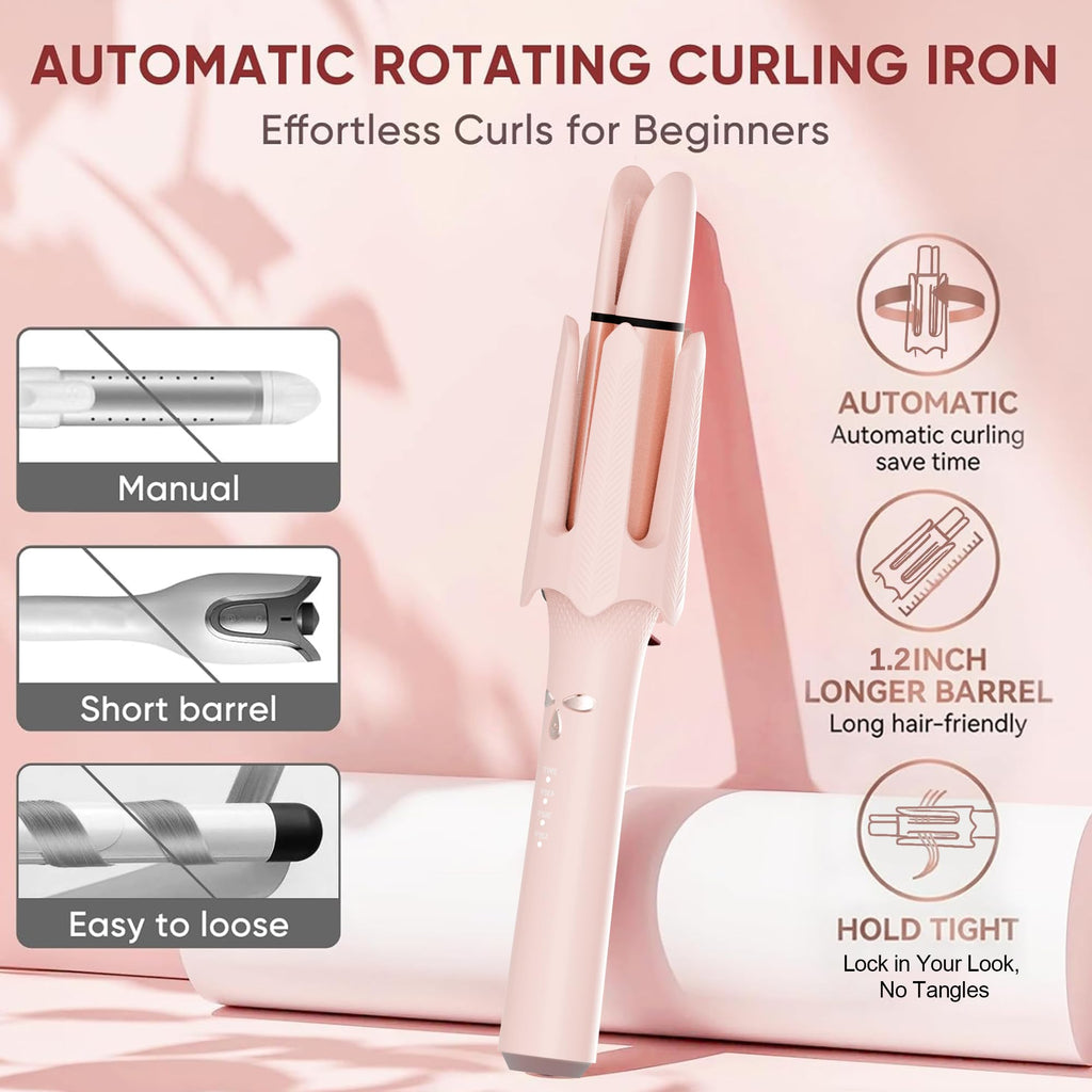 Auto Curling Iron with 4 Temps, 3 Timers & Shut-Off (Pink)