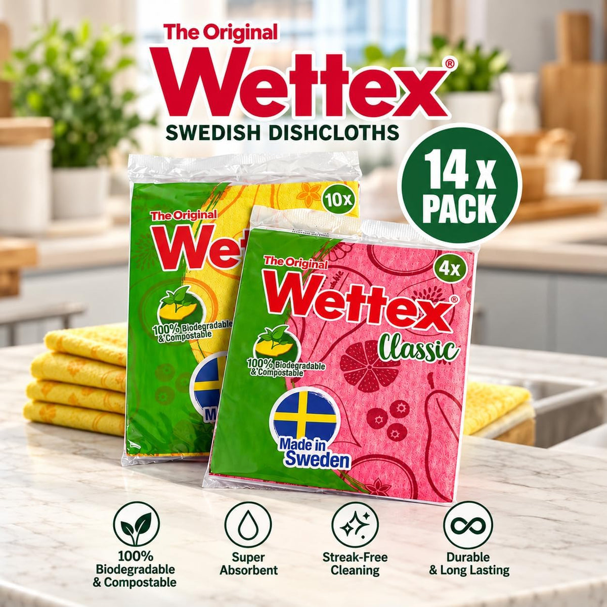 The Original 14 Pack Swedish Dishcloth for Kitchen - Eco Friendly Reusable Paper Towels - Assorted Dish Cloths for