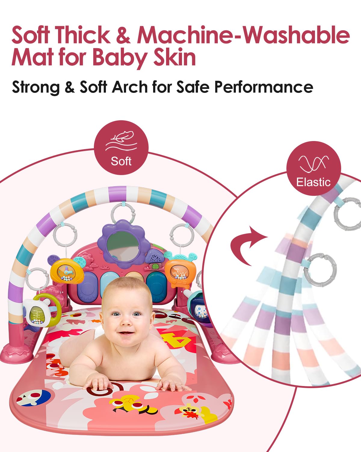 Baby Play Mat Gym, Funny Play Piano Tummy Time Activity Mat with 5 Infant Sensory Toys, Music and Lights, Boy & Girl