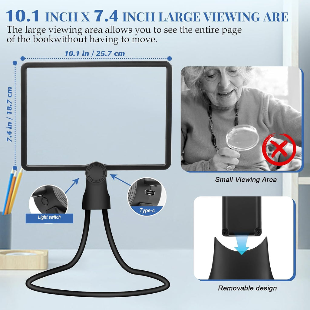 10x Large Neck Magnifying Glass for Reading with Light,Page Magnifier with Adjustable 50 Led Light Magnifier for