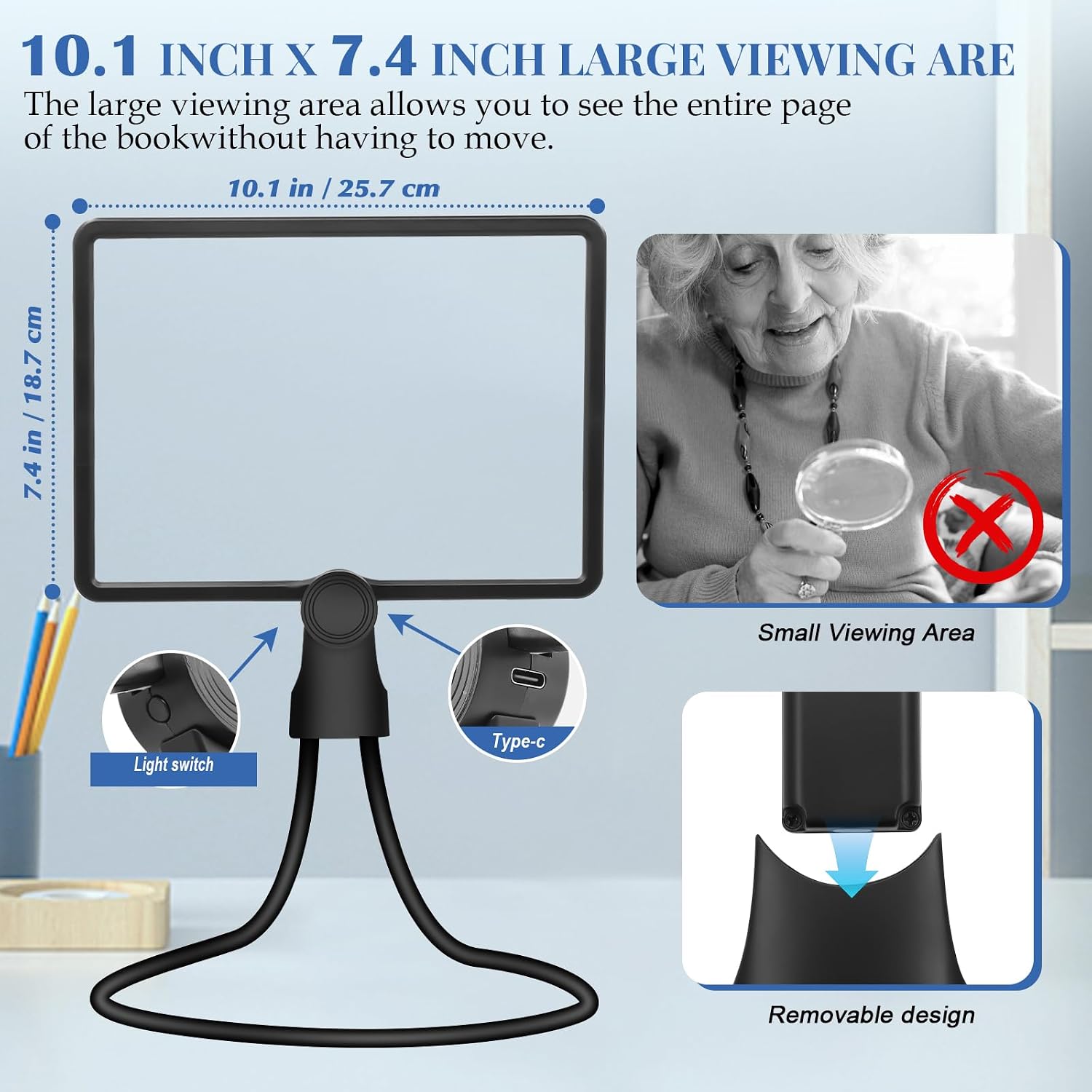 10x Large Neck Magnifying Glass for Reading with Light,Page Magnifier with Adjustable 50 Led Light Magnifier for