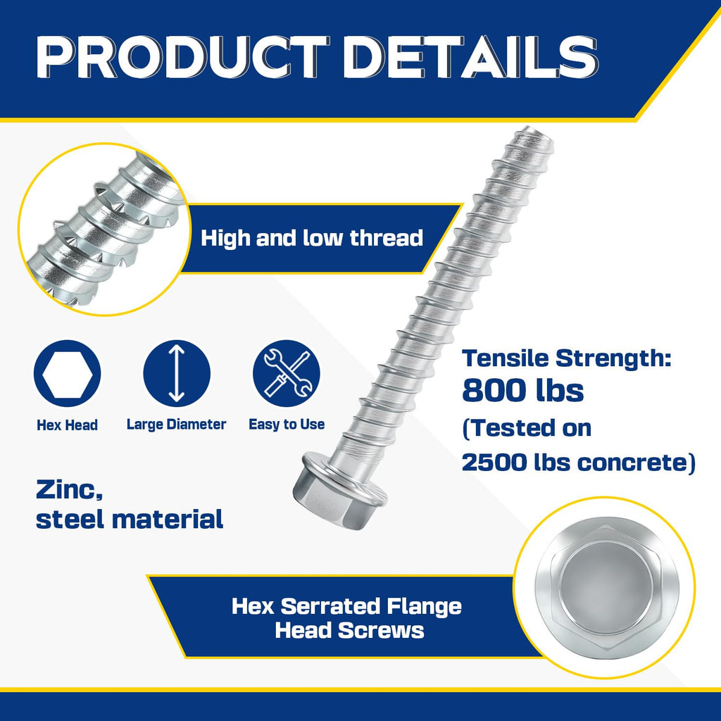 3/8" x 3" Large Diameter Concrete Screw 25 Pack - Heavy Duty Concrete Anchors, Masonry Screws for Brick, Block, Wood