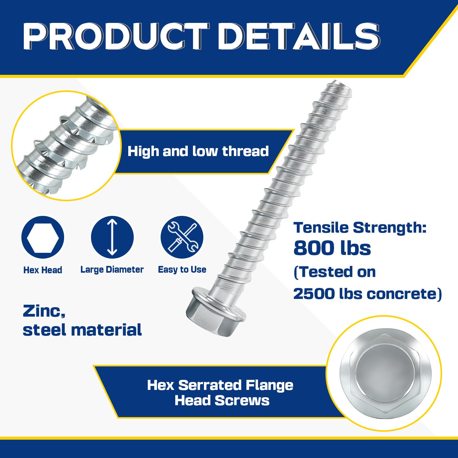 3/8" x 3" Large Diameter Concrete Screw 25 Pack - Heavy Duty Concrete Anchors, Masonry Screws for Brick, Block, Wood