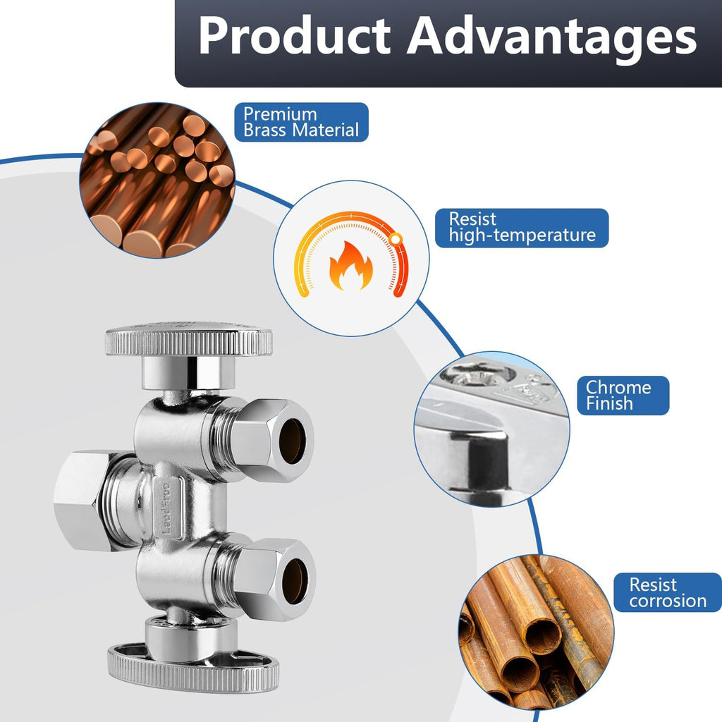1/2" NOM (5/8" OD) x 3/8" OD x 3/8" OD Dual Shut Off Valve | Chrome Plated Brass 1/4 Turn Double Straight Stop for