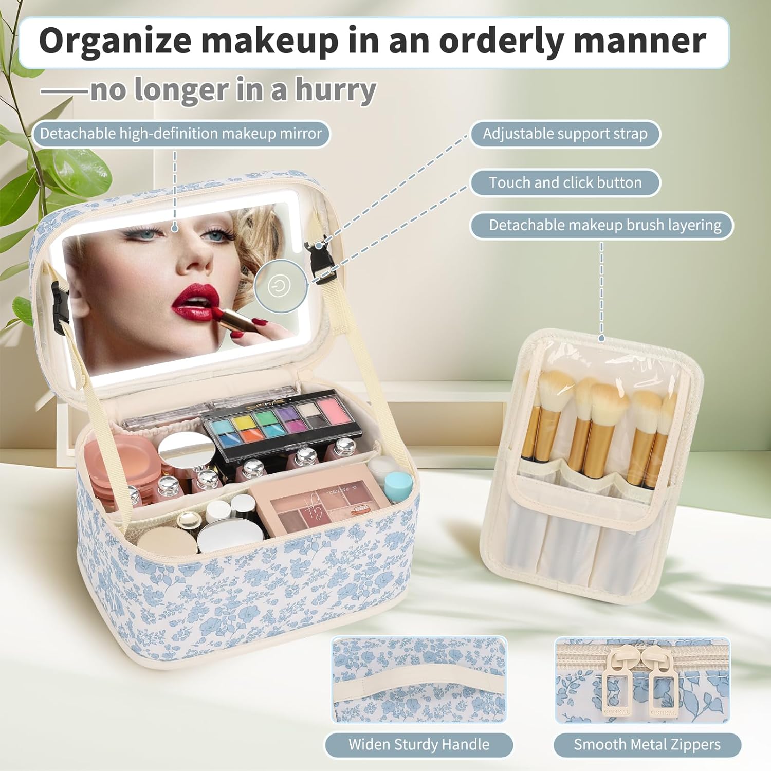 Makeup Bag With LED Mirror, Lightweight Travel Makeup Bag With 3 Color Setting Light Up Mirror Cosmetic Makeup