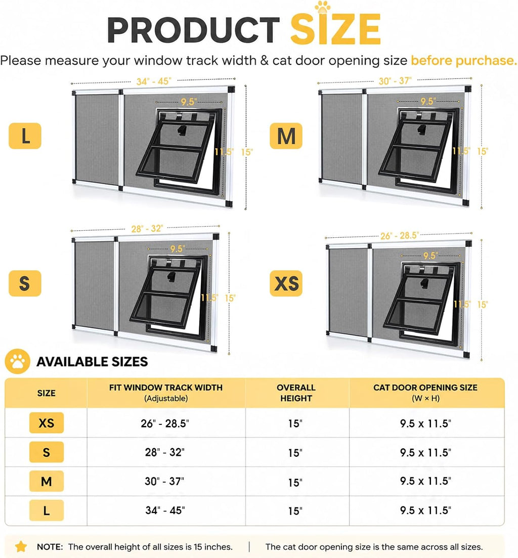 Bug-Proof Screen Cat Door for Window,Fits 28'' - 32'' Adjust Width Window