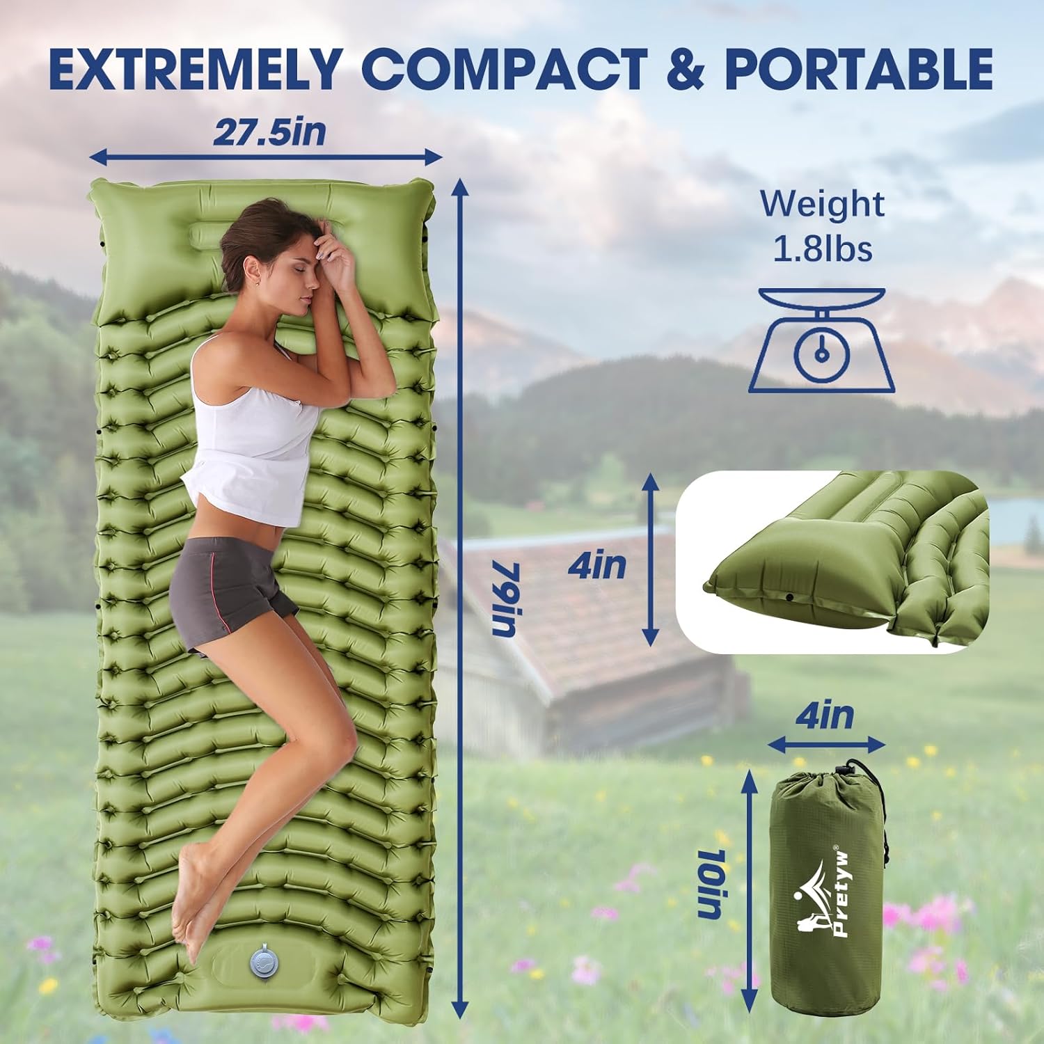 Ultralight Camping Sleeping Pad with Pillow & Built-in Foot Pump | Camping Mattress, Compact Inflatable Portable Mat