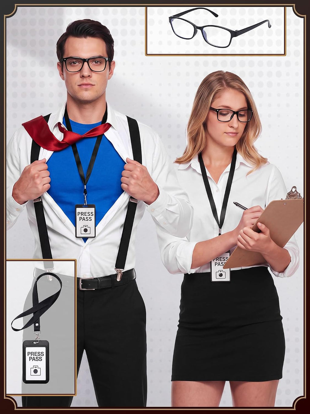6 Pcs Halloween Reporter Nerd Couple Costume Accessories Set