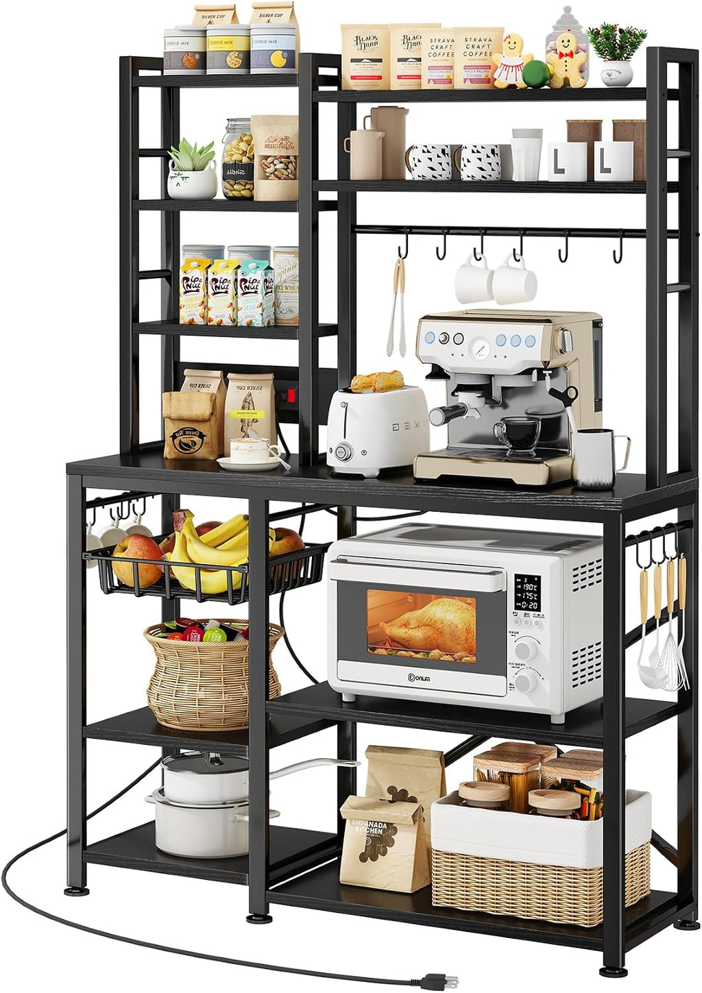 6-Tier Bakers Rack with Power Outlets, 36 x 14.6 x 72 in, Rustic Black
