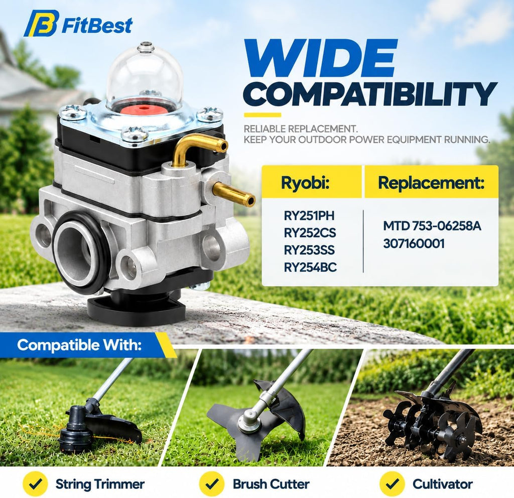FitBest 753-06258A Carburetor Kit for Ryobi RY251PH 25cc String Trimmers