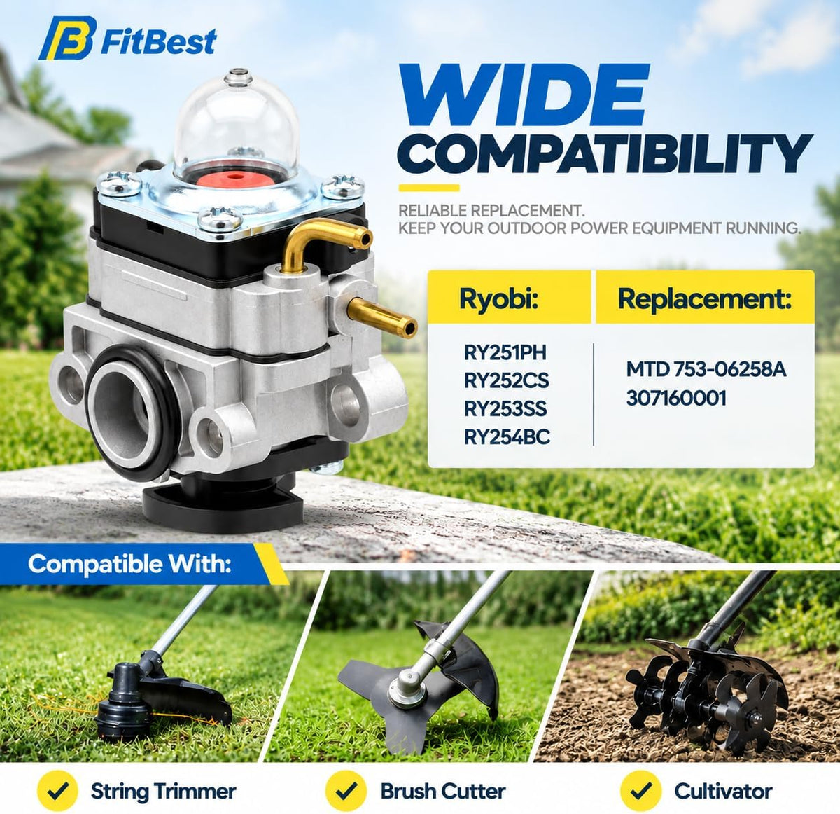 FitBest 753-06258A Carburetor Kit for Ryobi RY251PH 25cc String Trimmers