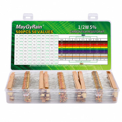 Carbon Film Resistor Kit, 50 Values 1/4W 5% Tolerance Resistors Assortment,0-10M Ohm Through Hole Resistors with Storage Box for Arduino,DIY Electronics Circuit Repair (1/2WJ-50V-500PCS, Carbon)