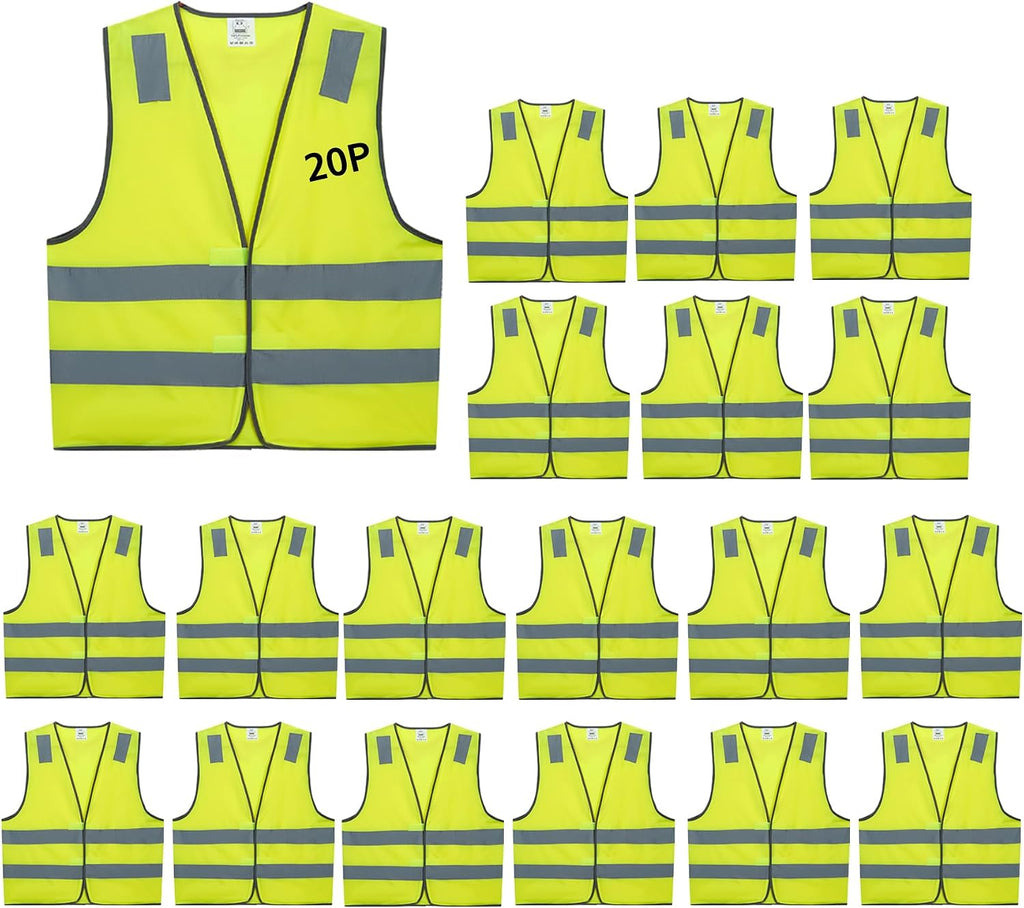 Safety Vests 20 Pack Bulk - Yellow Reflective High Visibility Construction ANSI Class 2 Work Vests for Men,Woman,Hi