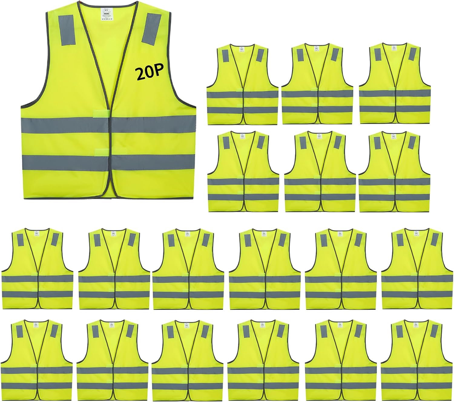 Safety Vests 20 Pack Bulk - Yellow Reflective High Visibility Construction ANSI Class 2 Work Vests for Men,Woman,Hi