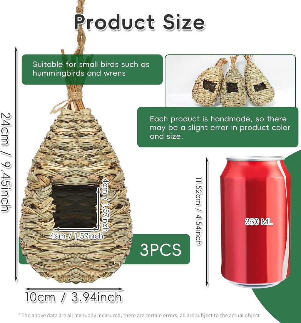 Hummingbird Houses 3Pcs Hand Woven Grass Hanging Bird Nest