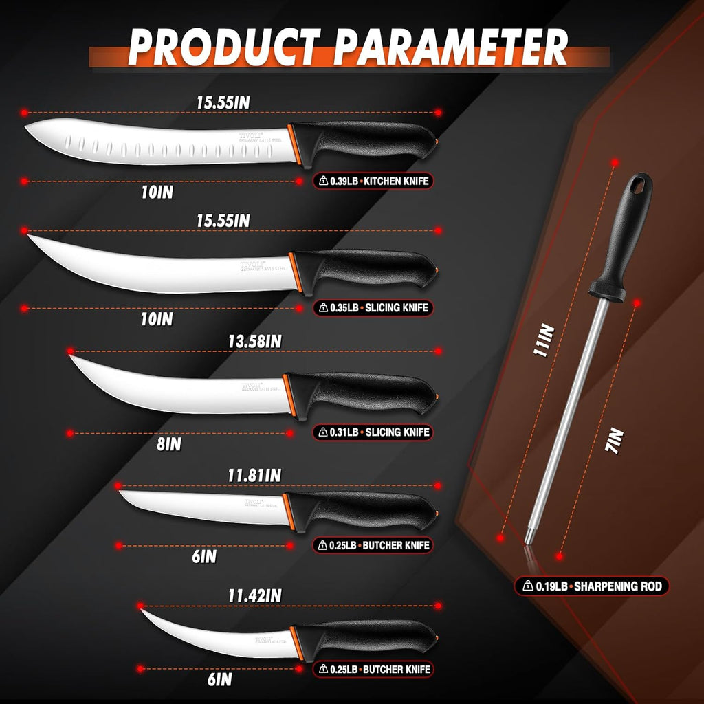 Butcher Knife Set 6 pcs - Game Processing Knife Set 7" Sharpener Rod