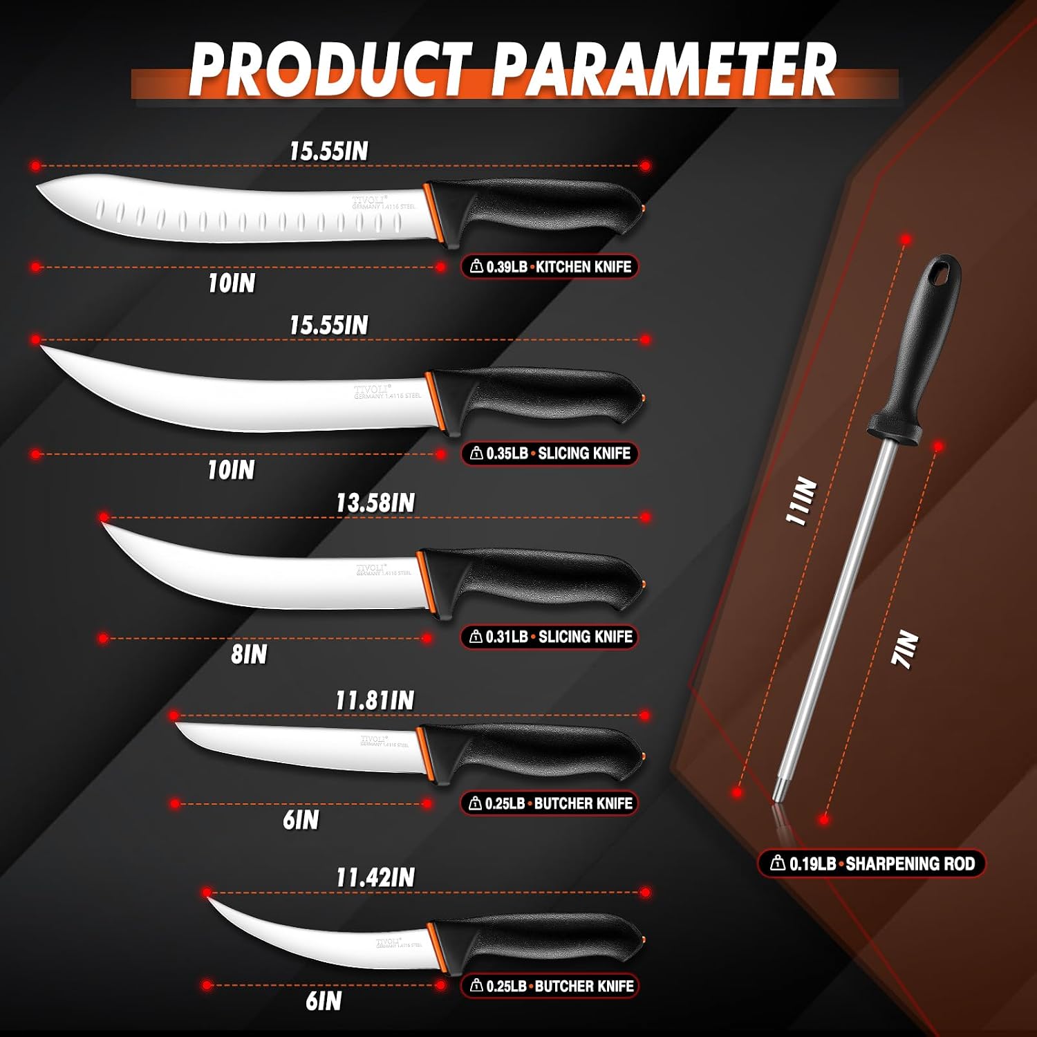 Butcher Knife Set 6 pcs - Game Processing Knife Set 7" Sharpener Rod
