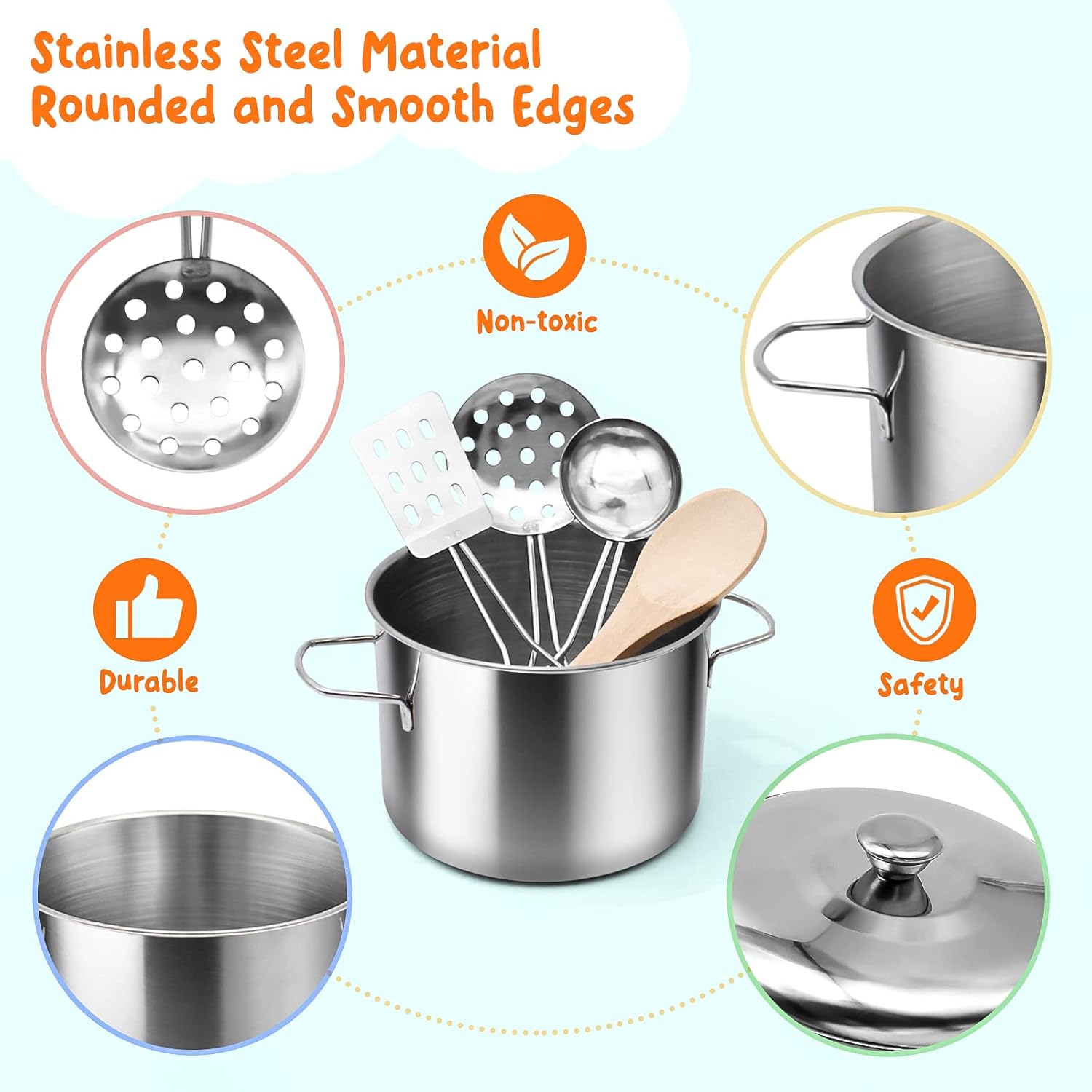 Kids Pretend Play Kitchen Accessories Set, 38Pcs Stainless Steel Play Pots Pans Sets for Kids, Toy Cookware Cooking