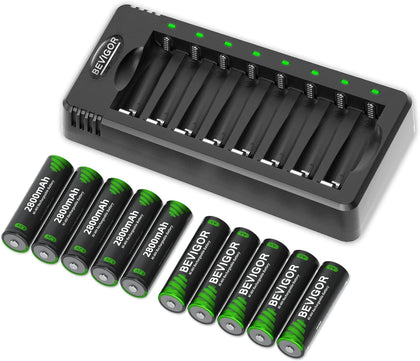 AA Rechargeable Batteries with Charger, 10-Pack 2800mAh High Capacity NiMH AA Batteries