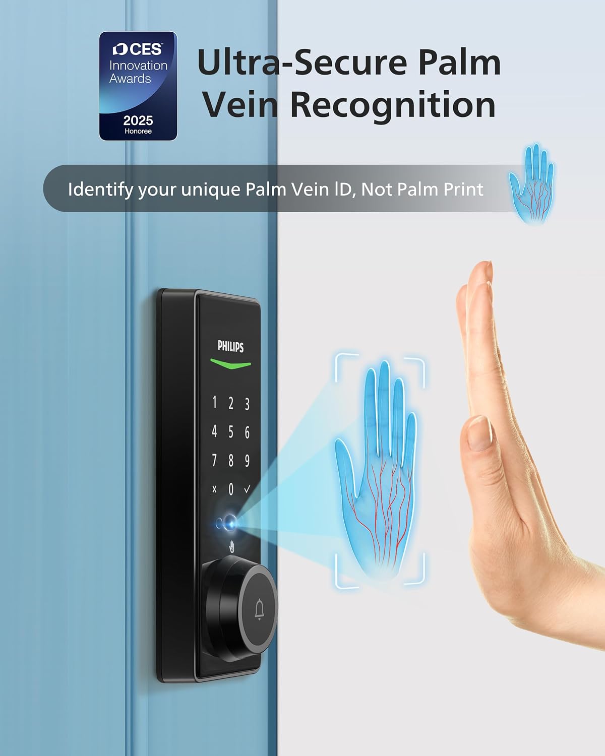 Philips Palm Vein WiFi Smart Lock, 2-in-1 Doorbell+Palm Vein Smart Locks for Front Door, APP Remote Control, Work