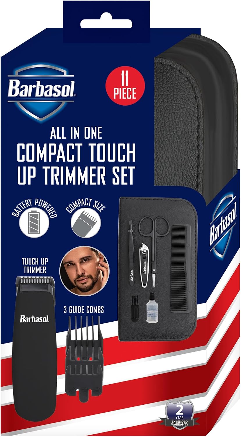 Grooming Kit for Men, 11 Piece Men’s Grooming and Manicure Travel Set, includes Trimmer Clippers, 3 Clipper Guards