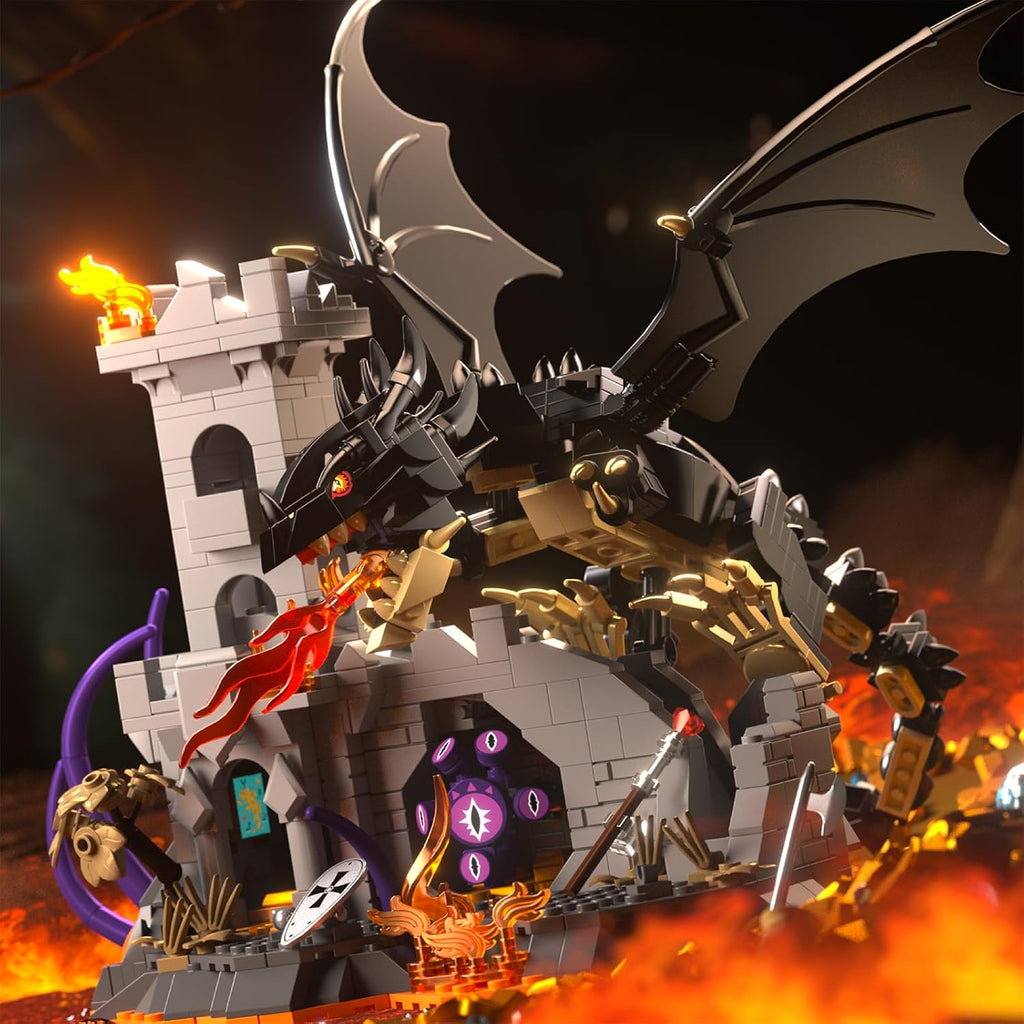 Dragon Building Set with Dice Tower, 919 PCS Flaming Medieval Castle Building Blocks Set, Fantasy Model Kit Home