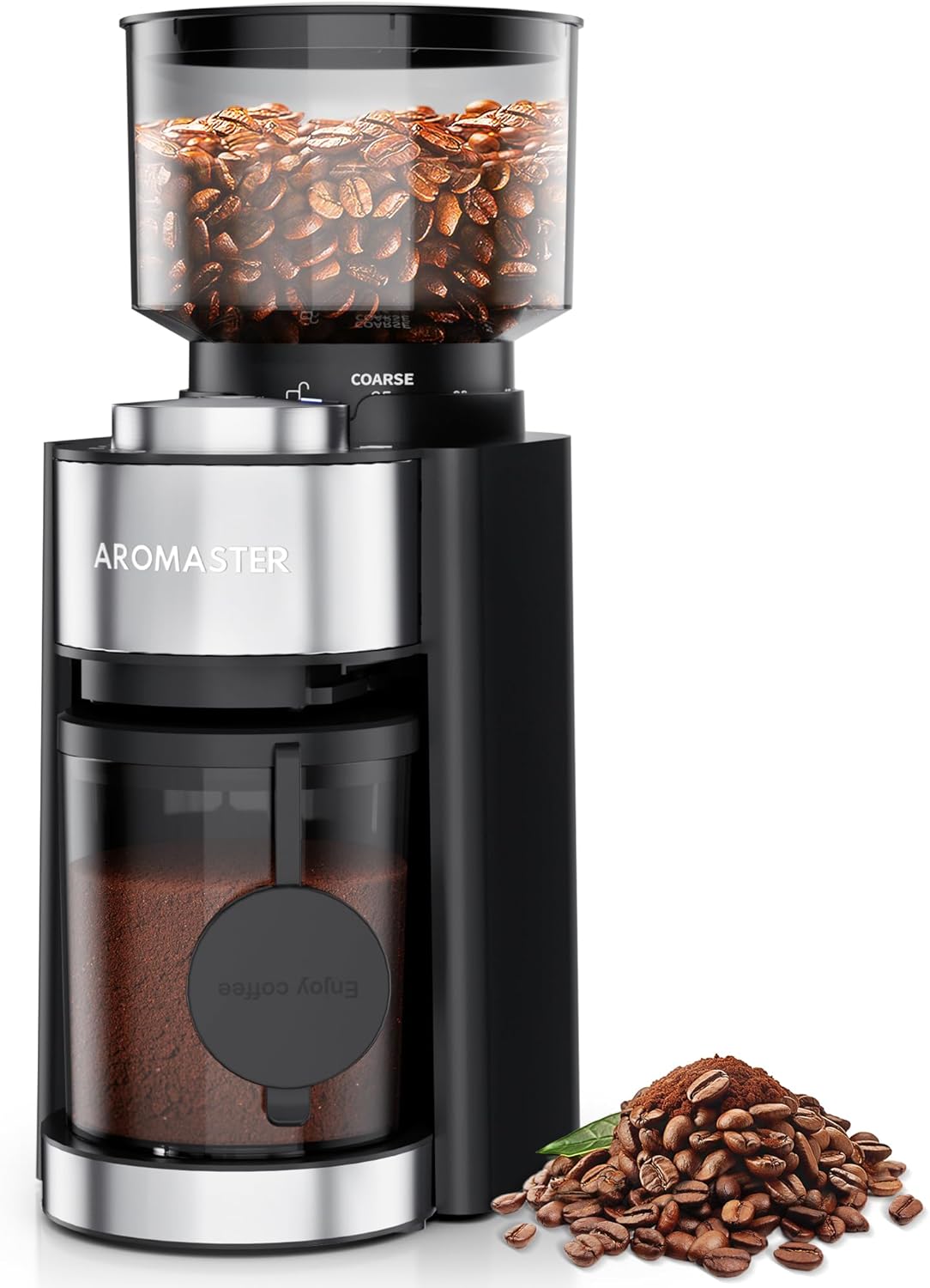 Aromaster Burr Coffee Grinder, 25 Settings, 2-12 Cups, Anti-Static, Black | Stainless Steel, Removable Burr, Brush