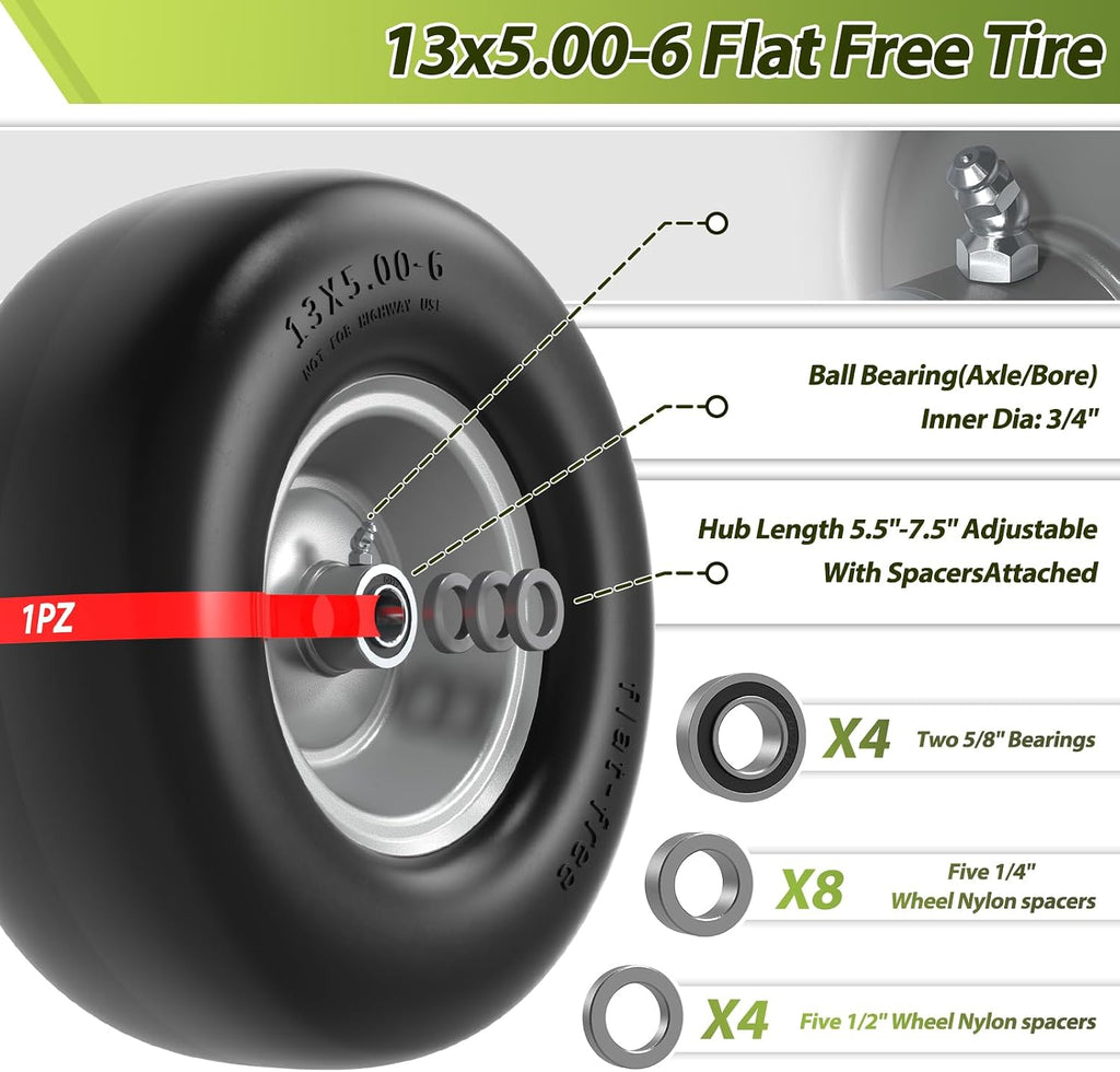 13x5.00-6 Flat Free Lawn Mower Tire and Wheel 13x5x6 Solid Front Tires | for Zero Turn Mower 500Lbs Load 3/4" 5/8"