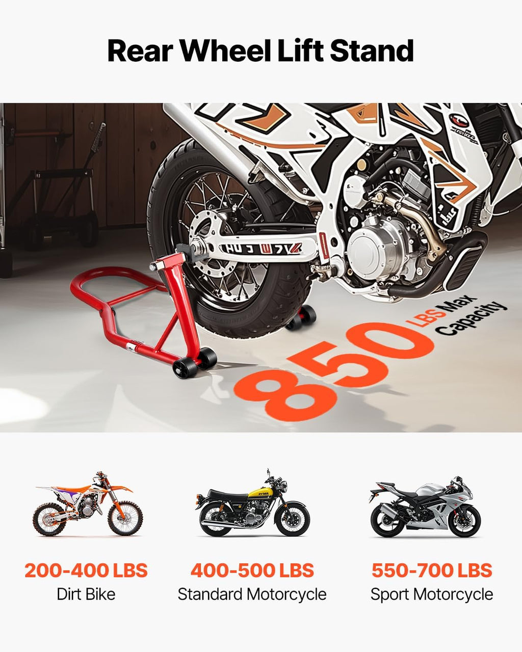 Motorcycle Rear Wheel Stand, 850 LBS Load Capacity Heavy Duty Rear Wheel Stand with U + L Fork Swingarm Spool