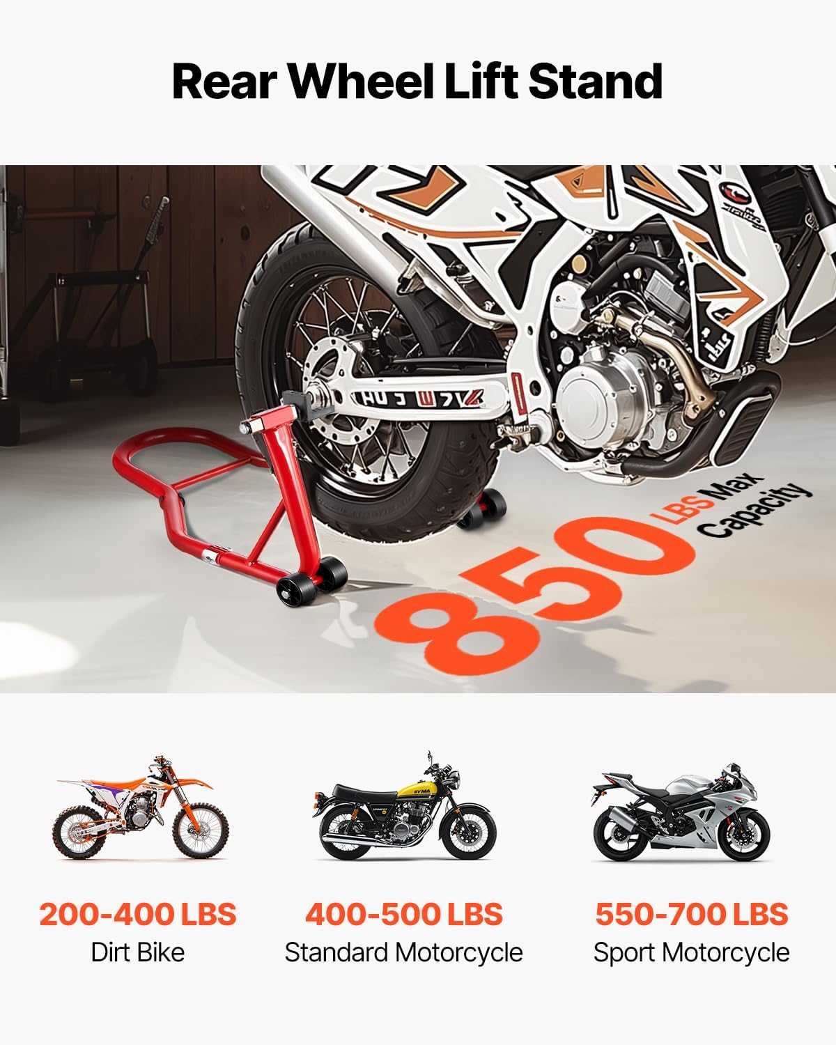 Motorcycle Rear Wheel Stand, 850 LBS Load Capacity Heavy Duty Rear Wheel Stand with U + L Fork Swingarm Spool