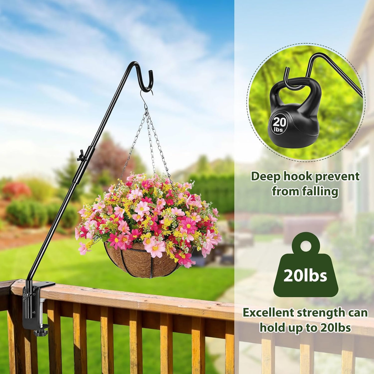 Deck Hook, 20 Inch Bird Feeder Hanger for Hummingbird Feeders, Black