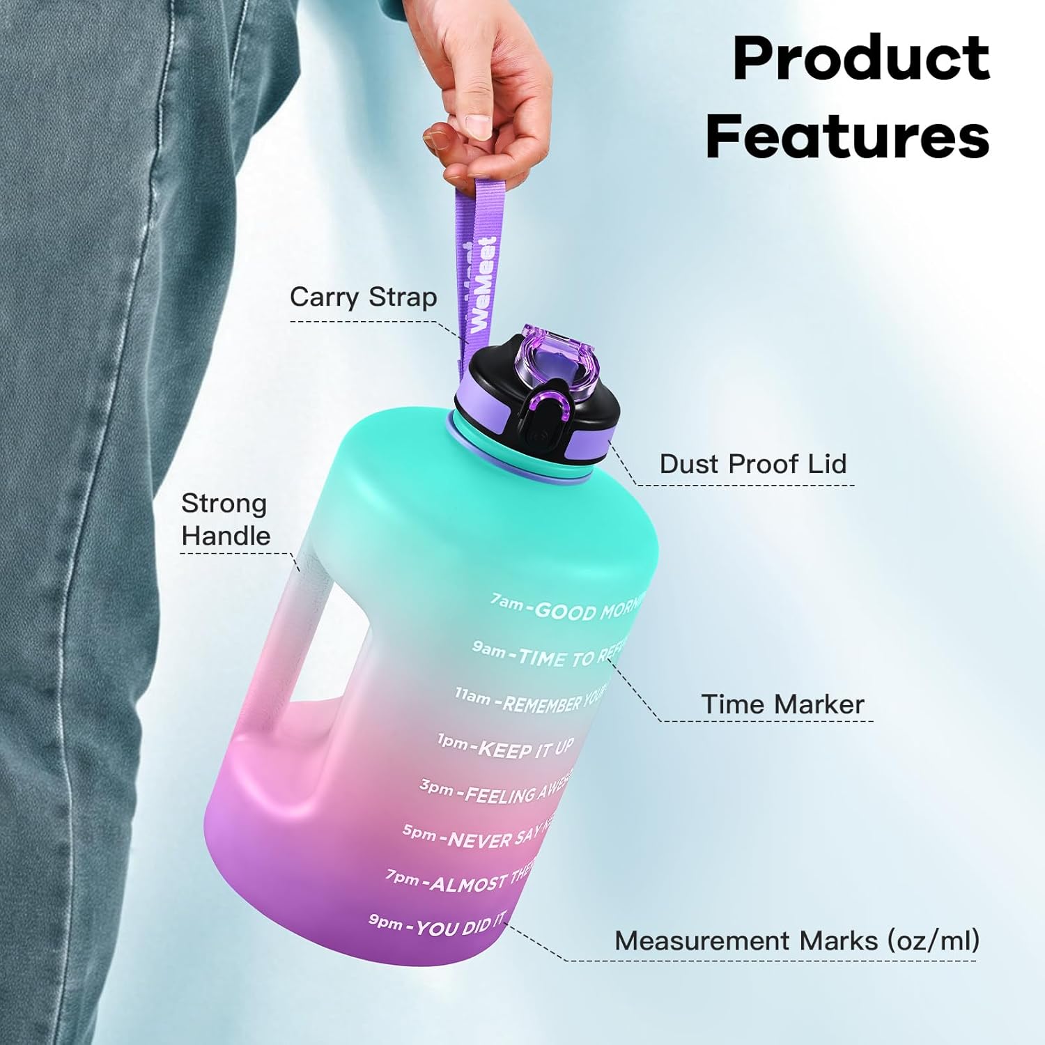 Gallon Sport Water Jug with Time Marker and non-slip handle, Sports Motivational Water Bottle, Wide Mouth with Easy